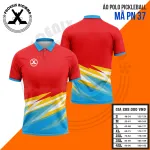 Áo polo pickleball đỏ tia sét vàng xanh trời